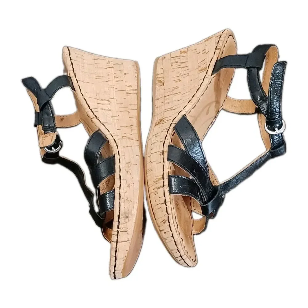 Born Tasia Black Leather T-strap Cork Wedge Women's Sandals Size 8